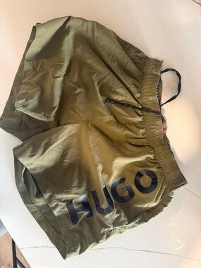 HUGO Olive Athletic Swim Shorts with Black Logo
